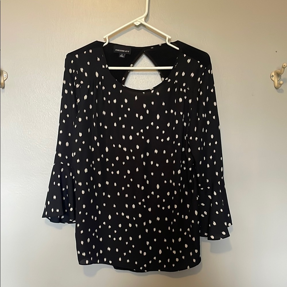Fortune + Ivy Black Polka Dot Bell-Sleeve Blouse